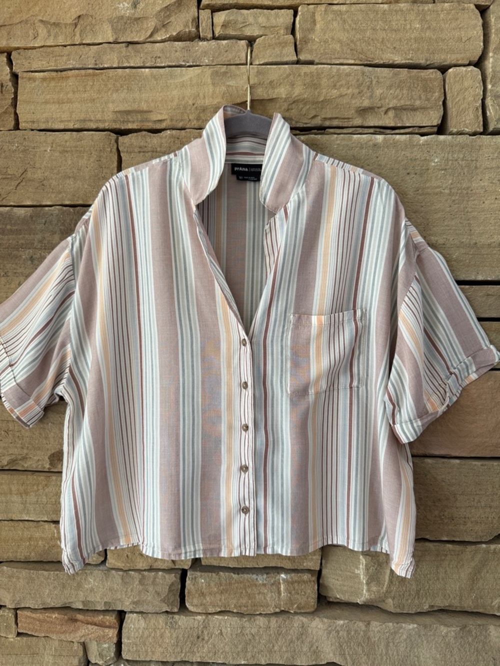 Prana Striped Button-Down Shirt in Blush, Cream, & Blue, Boxy, Cropped, Breezy